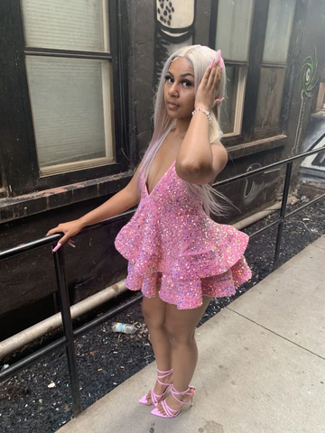 Sexy V-Neck Halter Pink Short Homecoming Dress Sequins Party Dress HZ1023